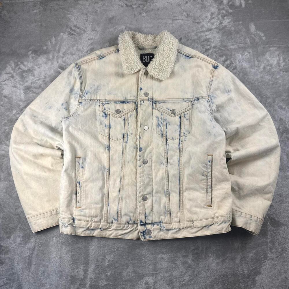 BDG Urban Outfitters Sherpa Denim Trucker Jacket Men’s L White Blue Tie Dye